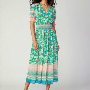 Current Air Green Floral Midi Dress with Pink Accents